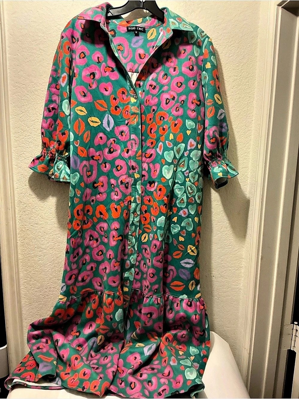 boho chic dress Floral Maxi Dress Green & Pink Size Small